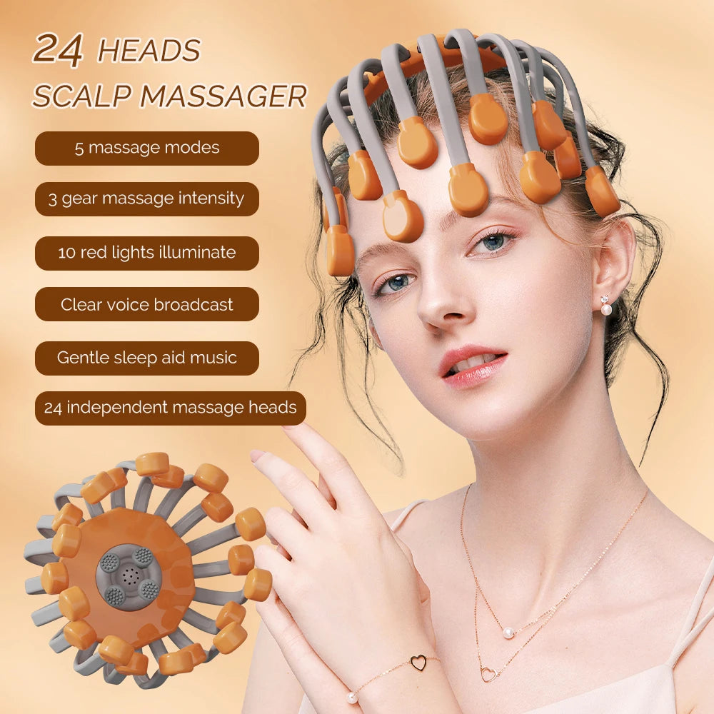 24 Heads Octopus Claw Head Massager Electric Scalp Massager 24 Point Vibration Massage Scratcher Bluetooth Music Relaxation