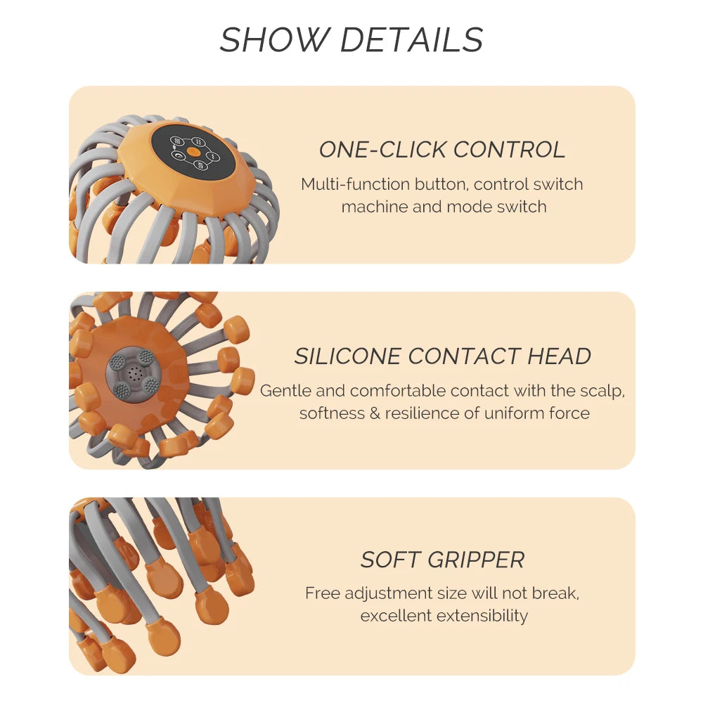 24 Heads Octopus Claw Head Massager Electric Scalp Massager 24 Point Vibration Massage Scratcher Bluetooth Music Relaxation